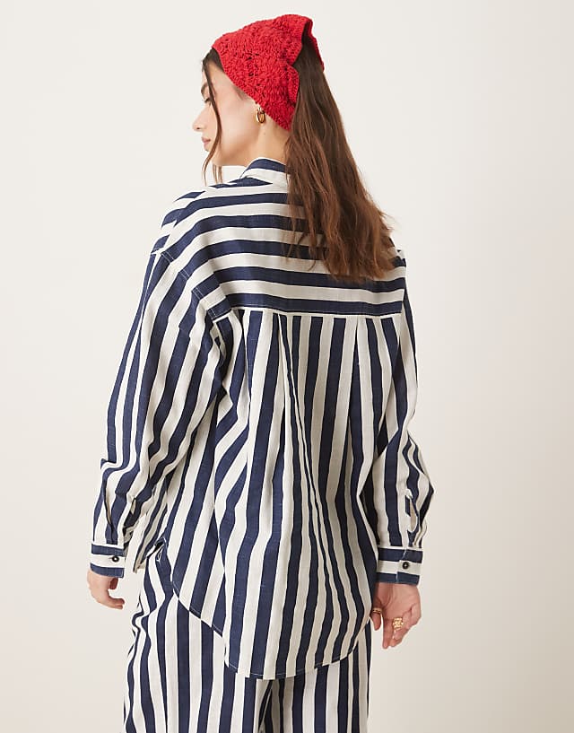 Asos ASOS DESIGN Oversized Linen Look Shirt Co-ord In Navy Stripe