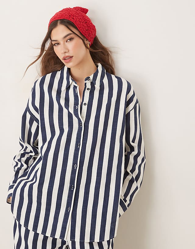 Asos ASOS DESIGN Oversized Linen Look Shirt Co-ord In Navy Stripe