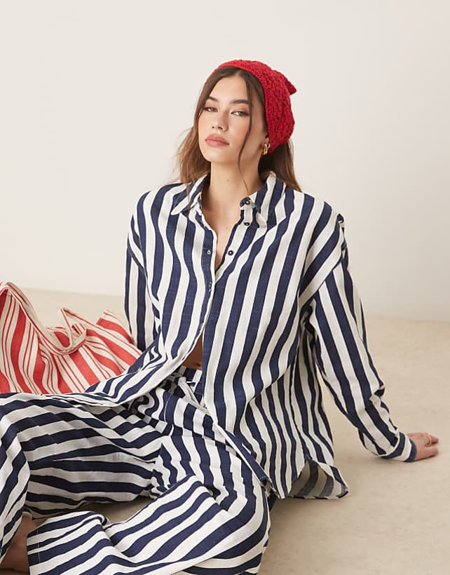 asos ASOS DESIGN oversized linen look shirt co-ord in navy stripe