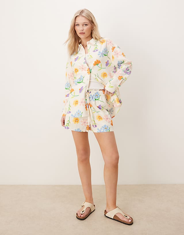 Asos ASOS DESIGN Oversized Linen Look Shirt Co-ord In Painted Flower Print