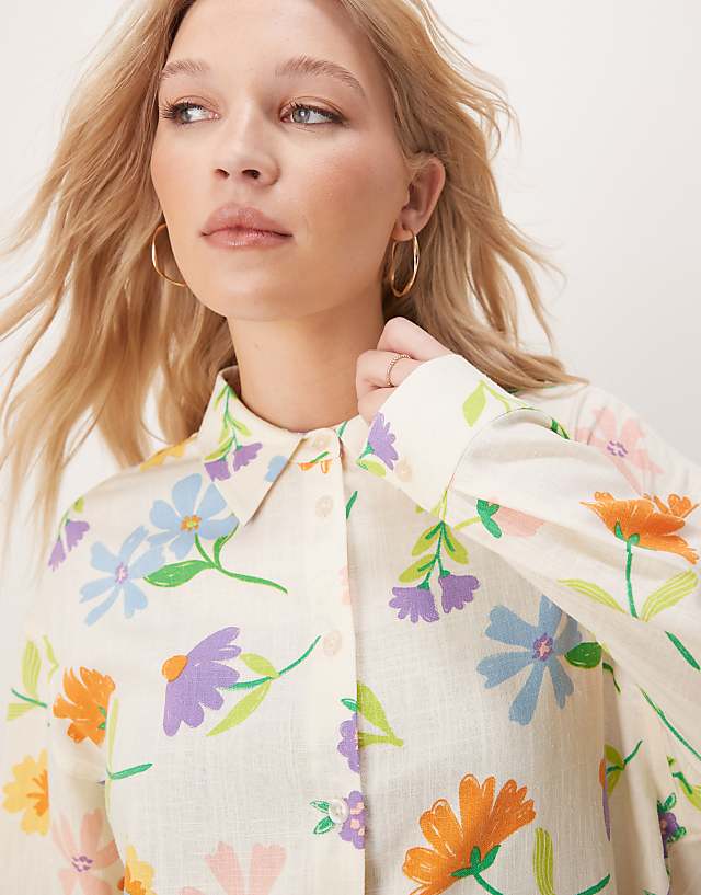 Asos ASOS DESIGN Oversized Linen Look Shirt Co-ord In Painted Flower Print