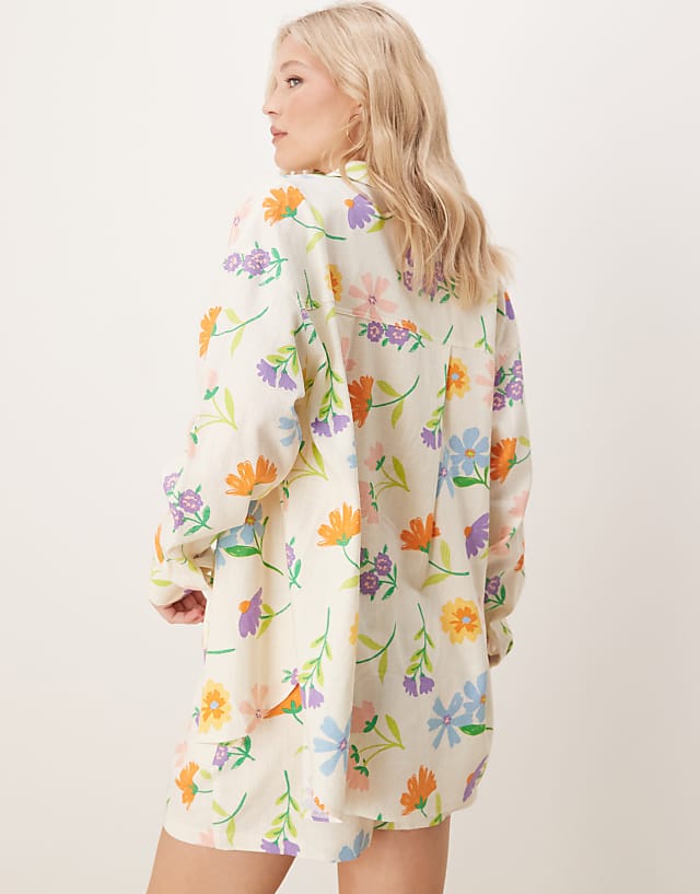 Asos ASOS DESIGN Oversized Linen Look Shirt Co-ord In Painted Flower Print
