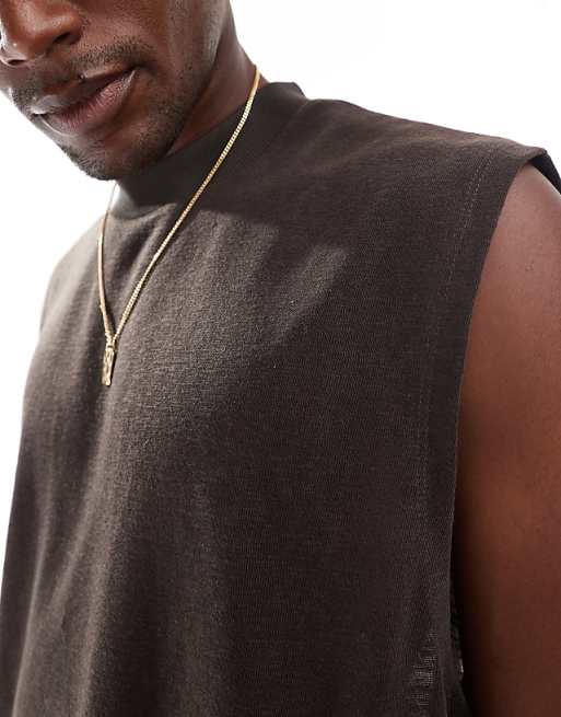 Asos ASOS DESIGN Oversized Linen Look Tank In Dark Brown