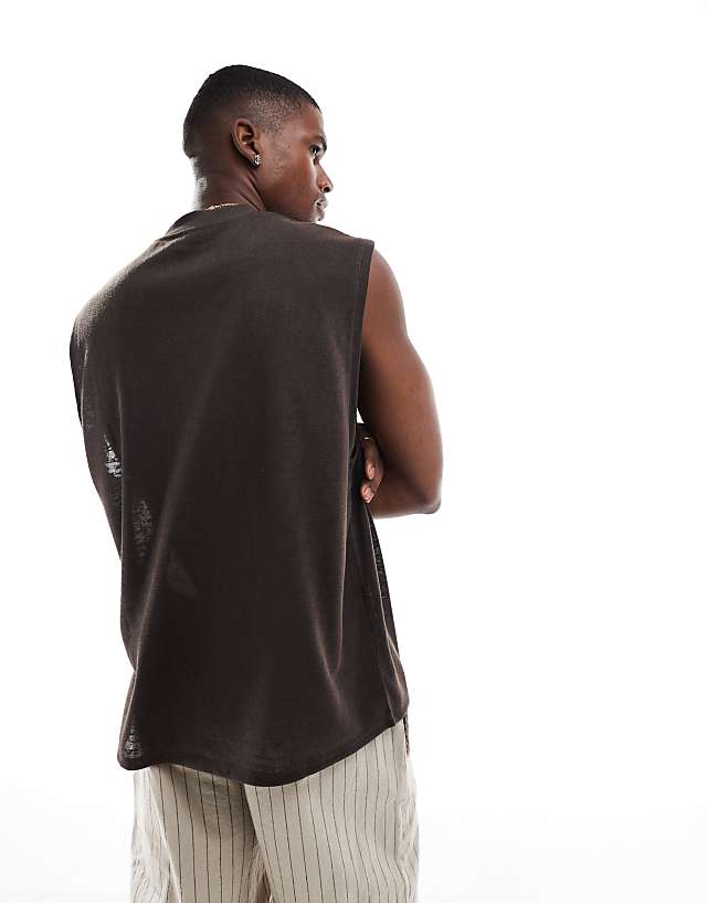 Asos ASOS DESIGN Oversized Linen Look Tank In Dark Brown