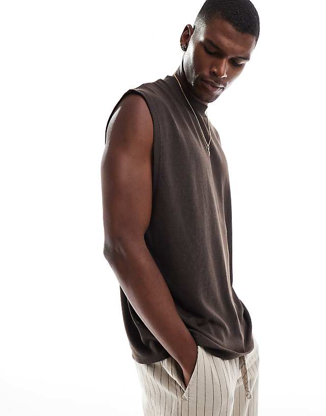 asos ASOS DESIGN oversized linen look tank in dark brown