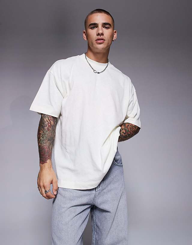asos ASOS DESIGN oversized linen mix t-shirt in cream