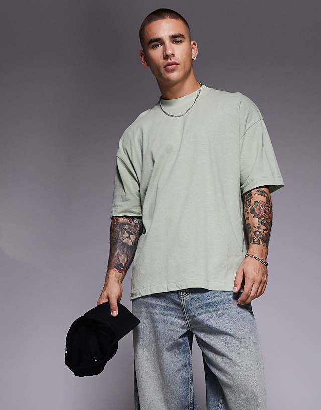 asos ASOS DESIGN oversized linen mix t-shirt in sage