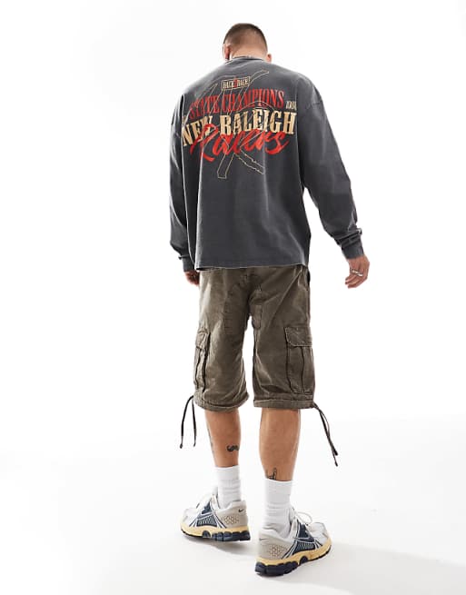 Asos ASOS DESIGN Oversized Long Sleeve T-shirt With Racing Chest And Back Print In Washed Black