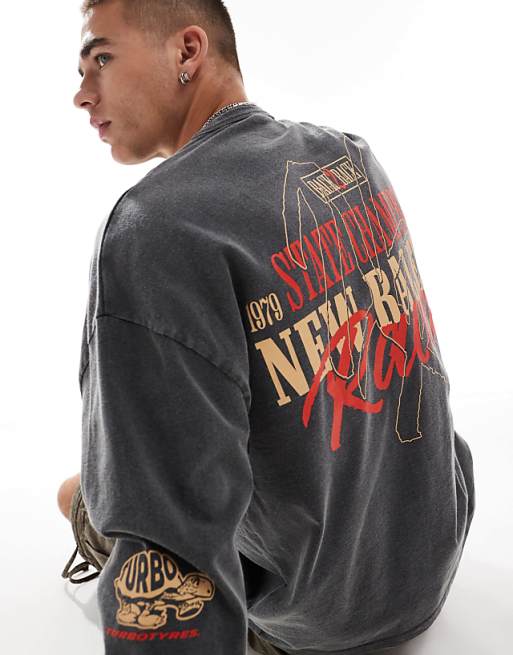 Asos ASOS DESIGN Oversized Long Sleeve T-shirt With Racing Chest And Back Print In Washed Black