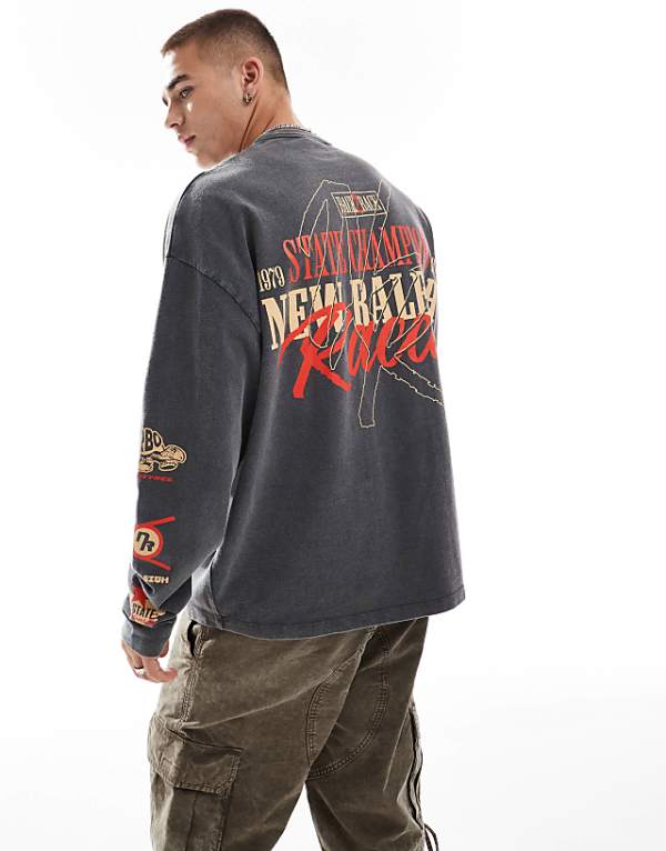 asos ASOS DESIGN oversized long sleeve t-shirt with racing chest and back print in washed black