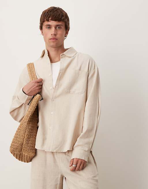asos ASOS DESIGN oversized long sleeved linen look shirt in sand