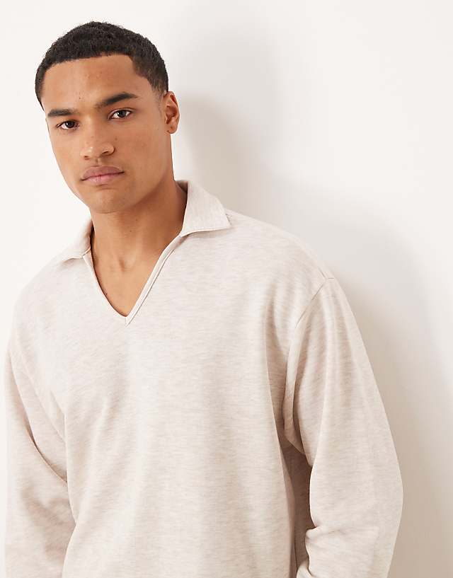 Asos ASOS DESIGN Oversized Long Sleeved Loopback Polo In Stone