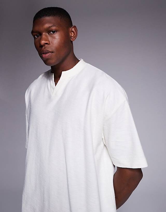 Asos ASOS DESIGN Oversized Notch Neck Linen Look T-shirt In Cream
