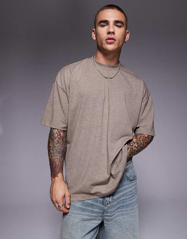 asos ASOS DESIGN oversized overdyed marl t-shirt in beige