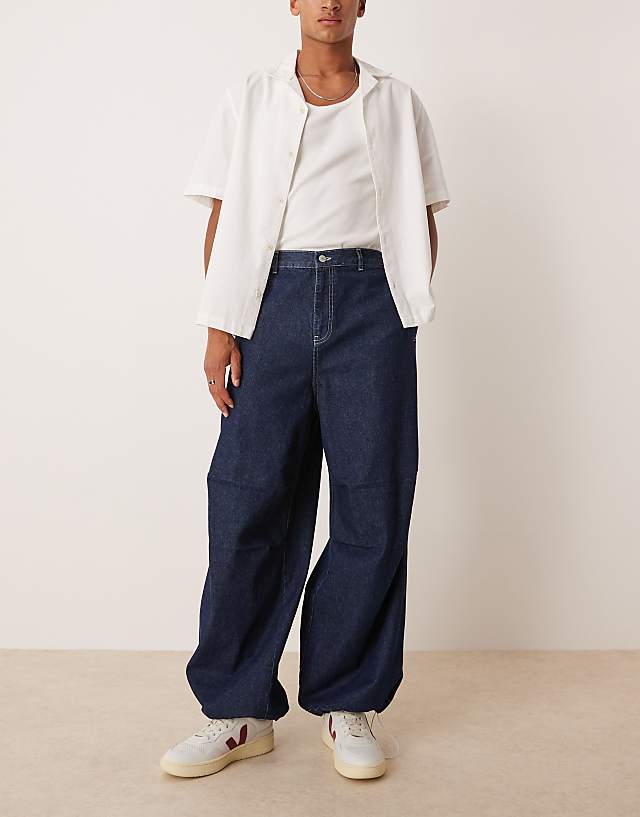 asos ASOS DESIGN oversized parachute jeans with drawstring and contrast stitch in raw wash