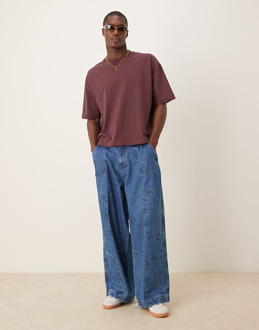 asos ASOS DESIGN oversized parachute jeans with in mid wash blue