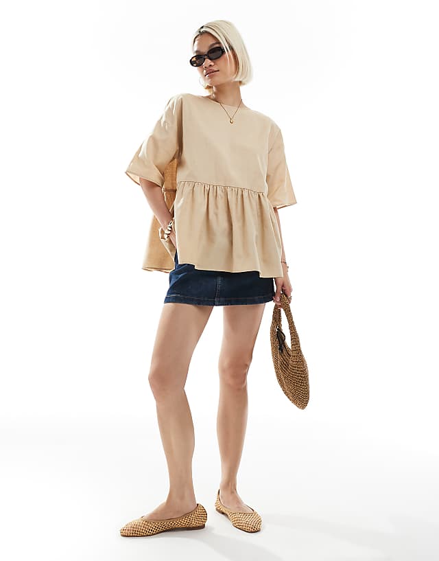 Asos ASOS DESIGN Oversized Peplum Short Sleeve Smock In Linen Blend In Stone
