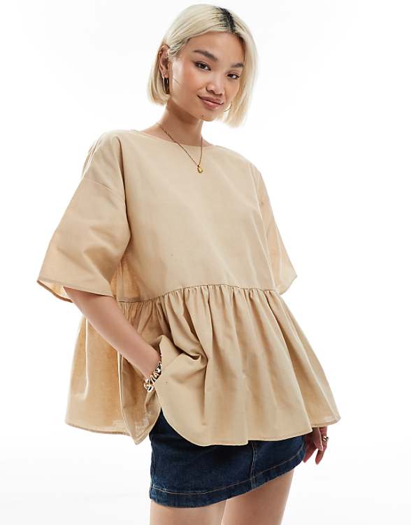 asos ASOS DESIGN oversized peplum short sleeve smock in linen blend in stone