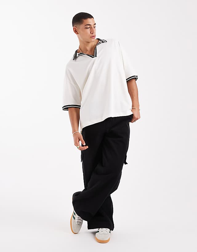 Asos ASOS DESIGN Oversized Pique Polo With Contrast Collar And Hem Detail In Cream
