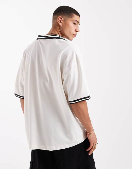 Asos ASOS DESIGN Oversized Pique Polo With Contrast Collar And Hem Detail In Cream