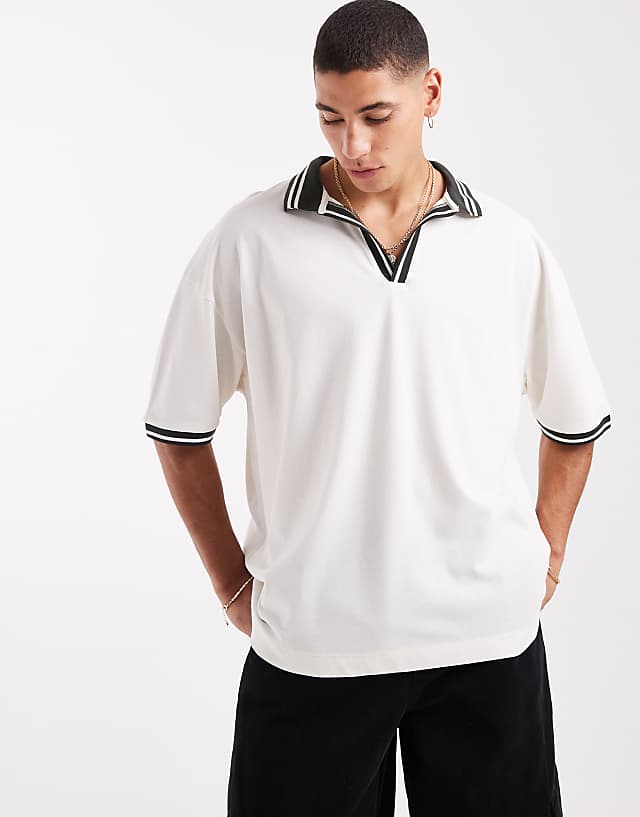 Asos ASOS DESIGN Oversized Pique Polo With Contrast Collar And Hem Detail In Cream