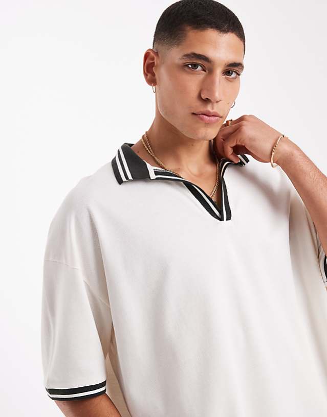 asos ASOS DESIGN oversized pique polo with contrast collar and hem detail in cream