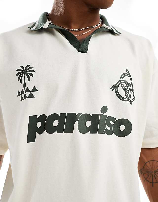 Asos ASOS DESIGN Oversized Polo Shirt In Off White With Paraiso Front Print
