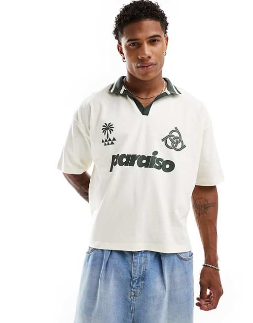 asos ASOS DESIGN oversized polo shirt in off white with paraiso front print