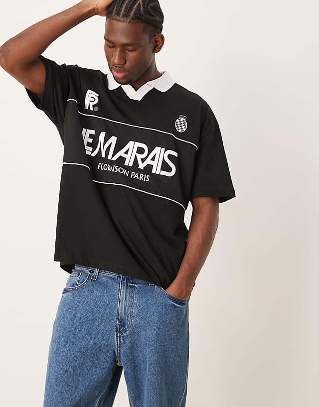asos ASOS DESIGN oversized polo with sports graphic in black
