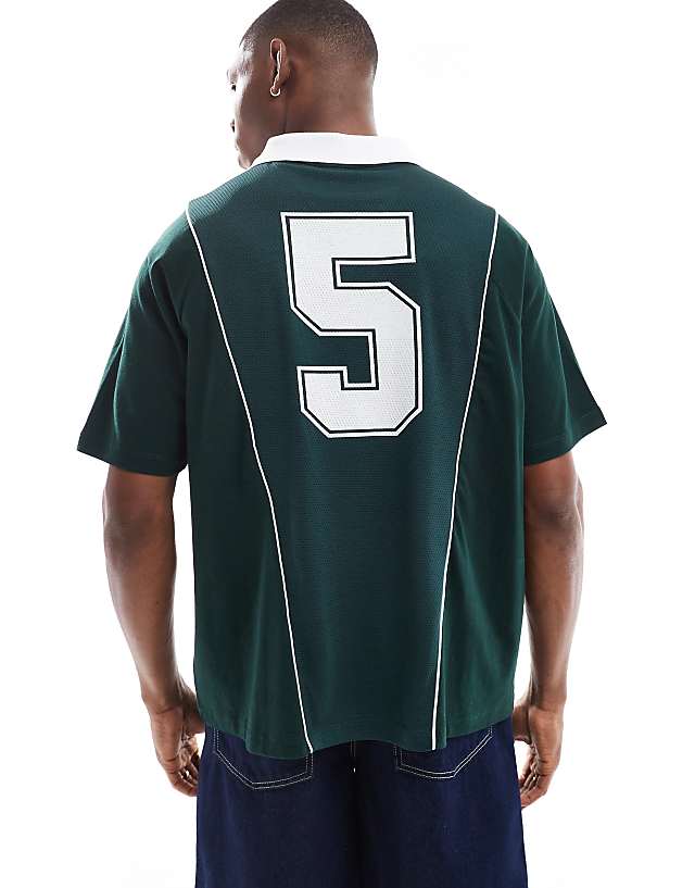 Asos ASOS DESIGN Oversized Polo With Sports Graphics And Airtex Panelling In Dark Green