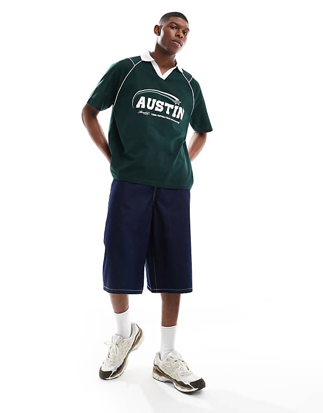 Asos ASOS DESIGN Oversized Polo With Sports Graphics And Airtex Panelling In Dark Green