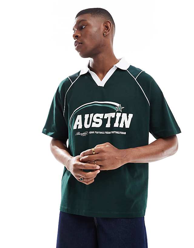 asos ASOS DESIGN oversized polo with sports graphics and airtex panelling in dark green