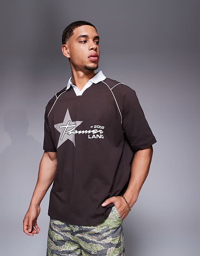 asos ASOS DESIGN oversized polo with sports graphics and airtex panelling in brown