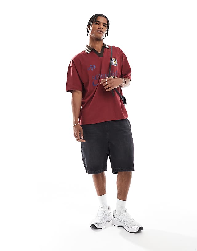 Asos ASOS DESIGN Oversized Polo With Tipped Collar And Sports Graphics In Burgundy