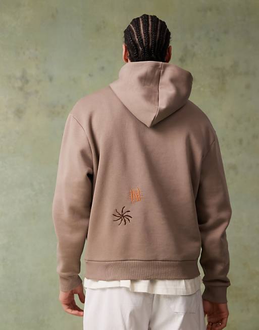 Asos ASOS DESIGN Oversized Printed Hoodie With Random Embroidery Placement In Cinder