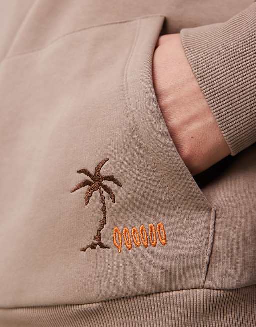 Asos ASOS DESIGN Oversized Printed Hoodie With Random Embroidery Placement In Cinder