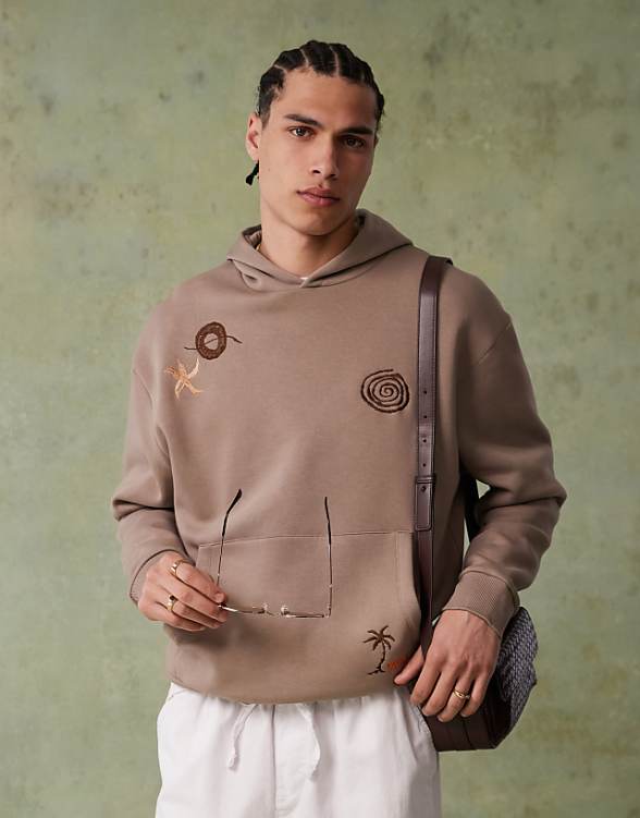 asos ASOS DESIGN oversized printed hoodie with random embroidery placement in cinder