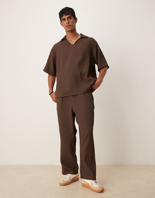 Asos ASOS DESIGN Oversized Revere Plisse Polo In Brown