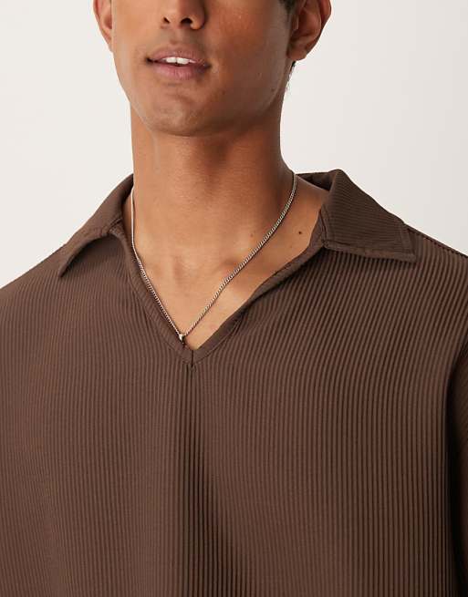 Asos ASOS DESIGN Oversized Revere Plisse Polo In Brown