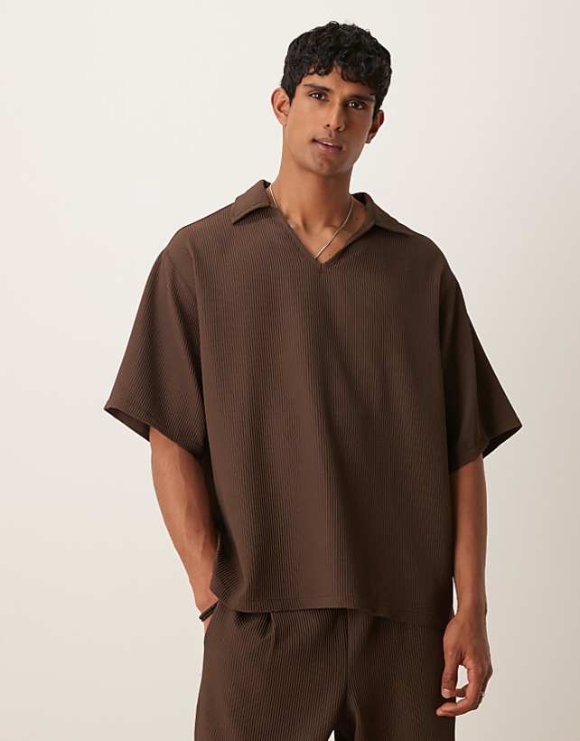 asos ASOS DESIGN oversized revere plisse polo in brown