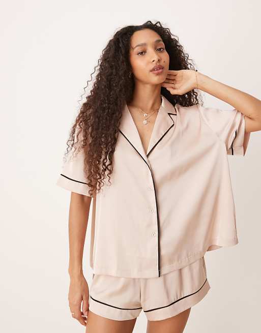 Asos ASOS DESIGN Oversized Satin Short Sleeve Shirt & Short Pyjama Set In Light Pink