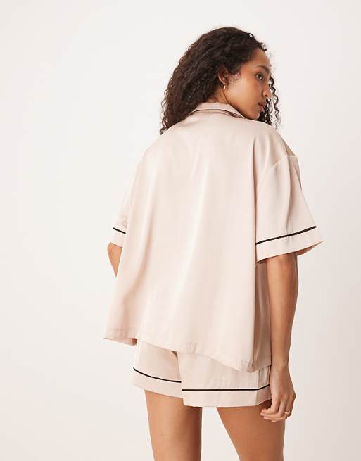 Asos ASOS DESIGN Oversized Satin Short Sleeve Shirt & Short Pyjama Set In Light Pink