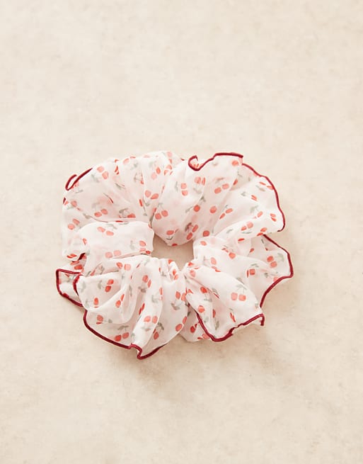 Asos ASOS DESIGN Oversized Scrunchie With Cherry Print And Contrast Binding In Red