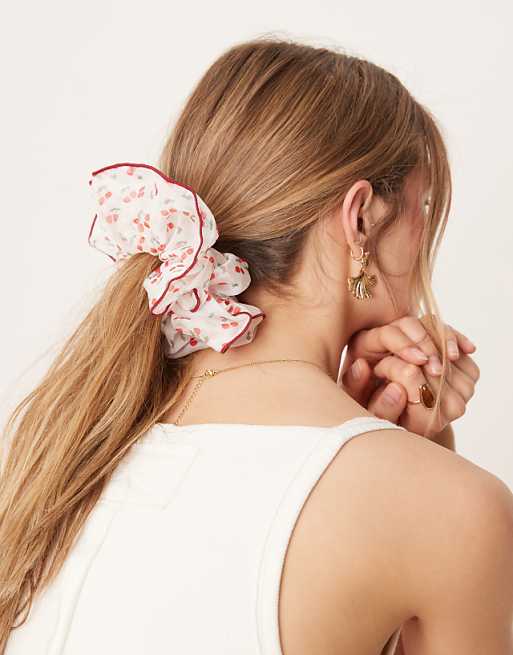 asos ASOS DESIGN oversized scrunchie with cherry print and contrast binding in red
