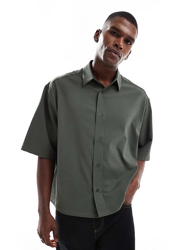 asos ASOS DESIGN oversized seersucker shirt in khaki