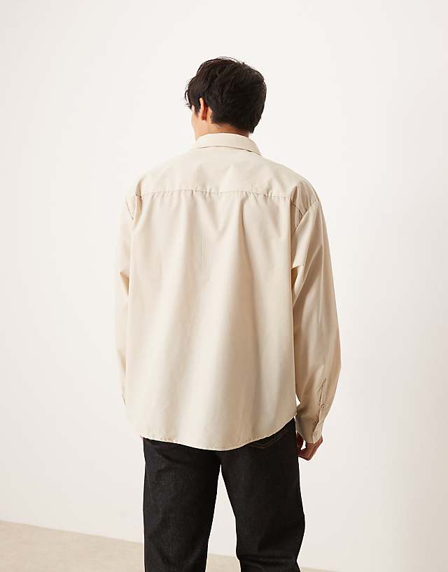 Asos ASOS DESIGN Oversized Shirt With Chest Embroidery In Beige