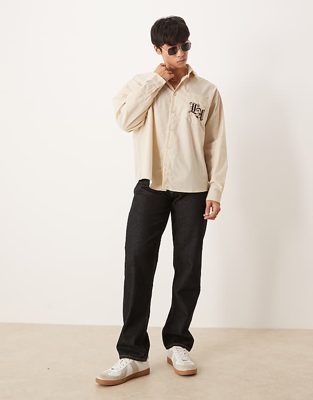 Asos ASOS DESIGN Oversized Shirt With Chest Embroidery In Beige