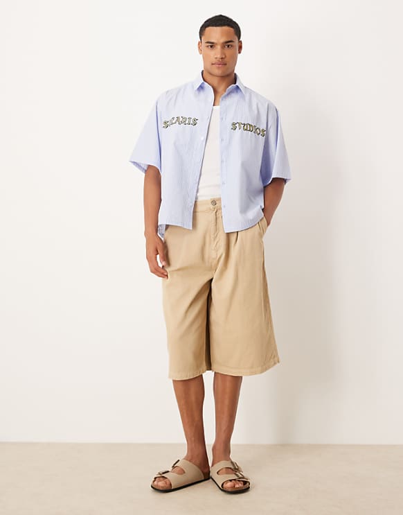 Asos ASOS DESIGN Oversized Shirt With Embroidery In Blue Stripe