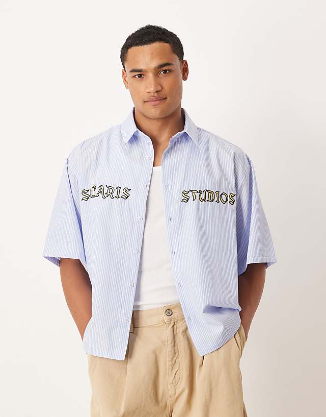 asos ASOS DESIGN oversized shirt with embroidery in blue stripe