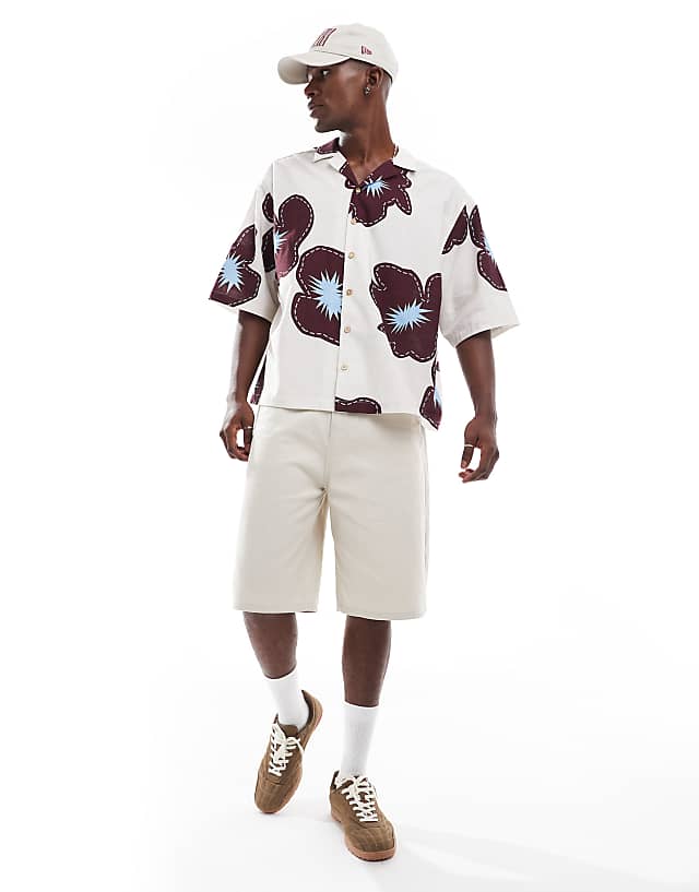 Asos ASOS DESIGN Oversized Shirt With Half Sleeve In Cream Flower Print